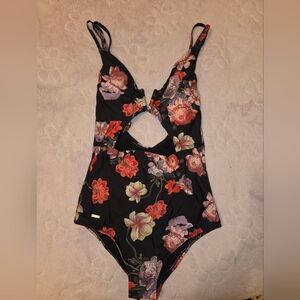 Floral Cutout One-Piece Swimsuit - Black with Red & Pink Flowers